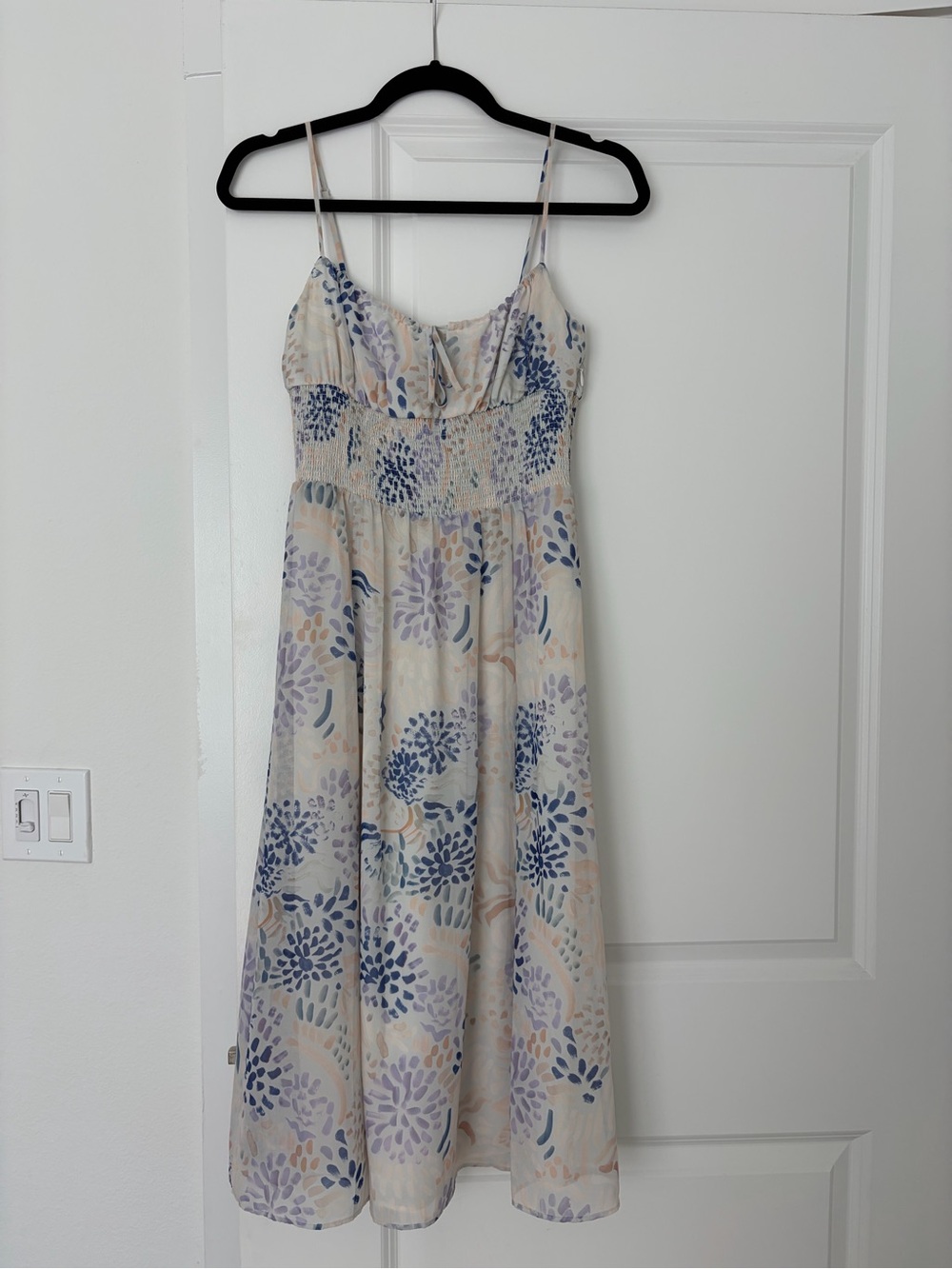 Aritzia Floral Smocked Midi Dress in Cream, Blue, Lavender